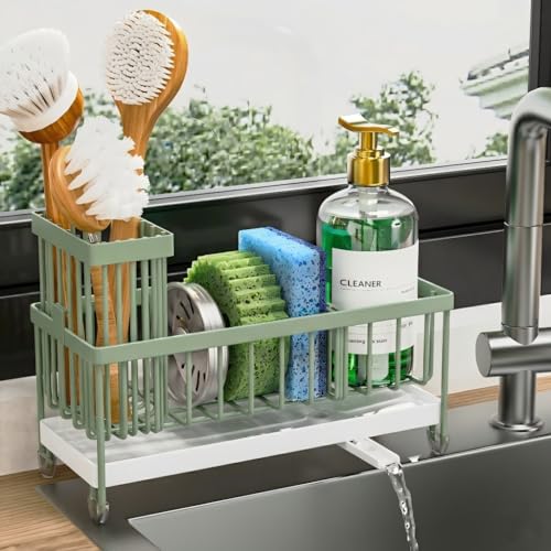 Cisily Sponge Holder for Kitchen Sink, Sink Caddy Organizer with High Brush Holder, Kitchen Countertop Organizers and Storage Essentials, Rustproof 304 Stainless Steel (Sage Green, 9.25″) - color: Sage Green - 9.25″