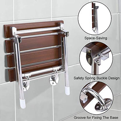 Folding Shower Seat Wall Mounted with Legs, Foldable Shower Chair for Inside Shower, Fold Down Shower Bench for Seniors (Wood, Fixed Height)