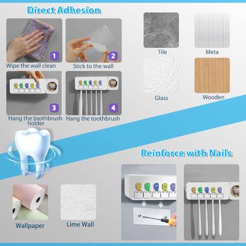Toothbrush Holders Wall Mounted Name Labels No Drill for Family & Bathrooms | 5 name slots wall mount toothbrush holders, strong adhesive, fits electric/manual, 30-day bat, stops when open, HD display