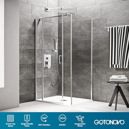 gotonovo Rainfall Bathroom Shower System Rain Shower Head and Handle Set Wall Mounted Shower Complete Combo Solid Brass Pressure Balancing Shower Mixer Valve 12 Inch Polished Chrome - color: Polished Chrome, size: 12 Inch