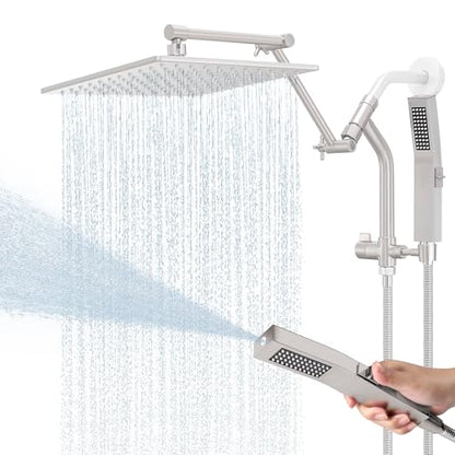 All Metal 10 Inch Rain Shower Head with Handheld Built-in Power Wash Mode, High Pressure Waterfall Rainfall Square Shower Heads with 16" Adjustable Extension Arm, Dual Showerhead(Brushed Nickel) - color: Brushed Nickel, size: 10 Inch