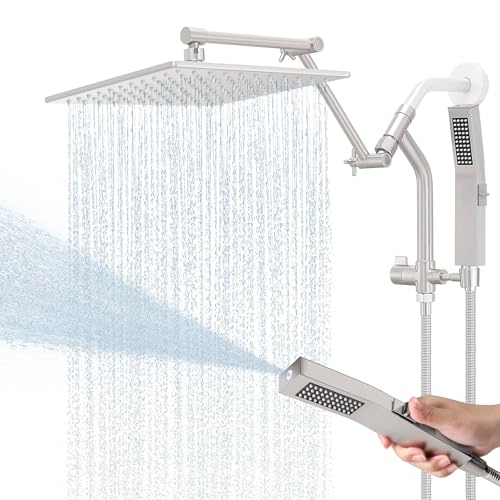 All Metal 10 Inch Rain Shower Head with Handheld Built-in Power Wash Mode, High Pressure Waterfall Rainfall Square Shower Heads with 16" Adjustable Extension Arm, Dual Showerhead(Brushed Nickel) - color: Brushed Nickel, size: 10 Inch