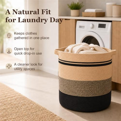 OIAHOMY 80L Laundry Baskets-Laundry Hamper,Storage Basket with Handles,Decorative Basket for Living room,Woven Storage Basket for Toys Bin,Pillows, Blankets,Clothes-20x18in-Yellow Black | Tall Dirty Clothes Hamper with Handle,Blanket Basket,Decorative Bas
