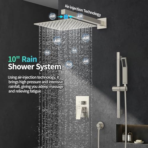 SR SUN RISE 10 Inch Square Shower System with Slide Bar,Brushed Nickel | Rain Head and Handle System,16" Adjustable Shower Slide Bar,Soild Brass,Wall Mount,Included Valve and Trim Kit - color: Brushed Nickel, size: 10 Inch