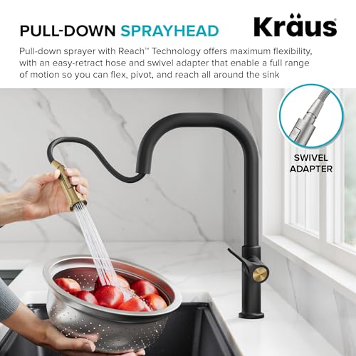 KRAUS Torak Pull Down Kitchen Faucet in Matte Black with 2 Function Sprayer, Pre-Attached Water Lines, and Mounting Hardware, KPF-2841MB - color: Matte Black, style: Pull-Down Square Arc Faucet