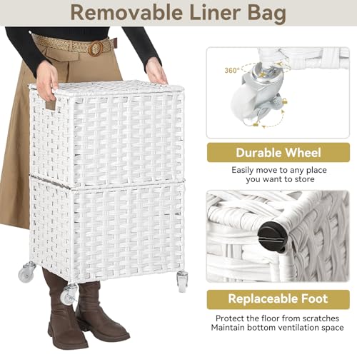 Chrislley Wicker Laundry Basket with Wheels,Rolling Laundry Hamper with Lid | 90L Slim Clothes Hamper with Wheels & Removable Liner Bag, Handwoven Rattan Laundry Organizer for Bedroom, Bathroom, White - color: White