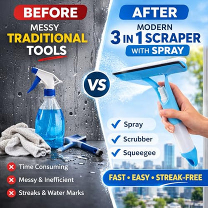 3-in-1 Window Squeegee with Spray Bottle, Handheld Glass Cleaning Tool with Microfiber Scrubber and Silicone Blade, Refillable Window Cleaner for Mirrors, Shower Doors, Tiles & Car Windows (Blue) - color: Blue