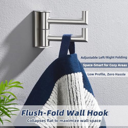 Double Swivel Towel Hook, Brushed Nickel, 304 Stainless Steel | 180° Adjustable Positions, Fold-Flat Storage, Upturned End Stops, Towels, Robes & Bags, Bathroom, Kitchen & Closet Use - color: Brushed Nickel, size: 1 Pack