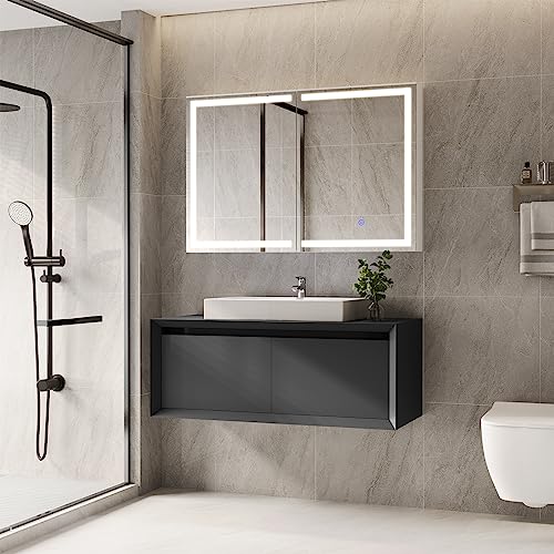 Lighted Medicine Cabinet with Mirror, Wall Mounted Bathroom Mirror with Storage, 2 Doors Bathroom Wall Cabinet with LED Lights, 31.5'' x 23.6'' - size: 31.5'' x 23.6'' With 2 Doors