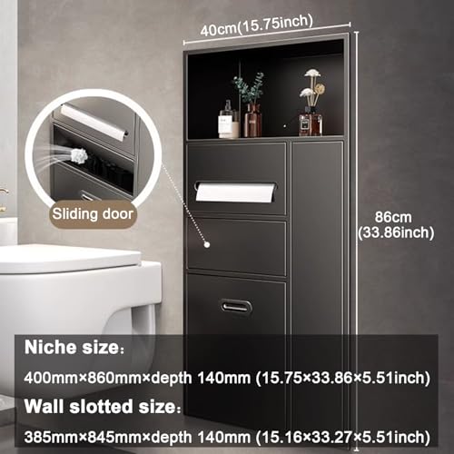 Recessed Bathroom Niche Cabinet, Stainless Steel Wall Mounted Bathroom Storage Organizer with Trash Can, Tissue Holder & Detachable Shelves, Waterproof Shower Niche Bathroom Shelf - color: Black
