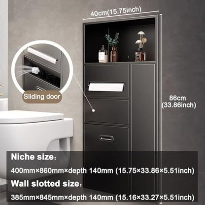 Recessed Bathroom Niche Cabinet, Stainless Steel Wall Mounted Bathroom Storage Organizer with Trash Can, Tissue Holder & Detachable Shelves, Waterproof Shower Niche Bathroom Shelf - color: Black