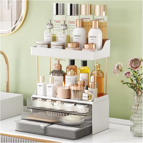 StorBin Arcylic 5-Tier Makeup & Skincare Organizer for Vanity, Bath | Smooth 3 drawers, clear body, gold frame, non-slip, for perfumes, serums, face masks, palettes, vanity & bath counter,Grey - color: Gray, size: 3 Drawers