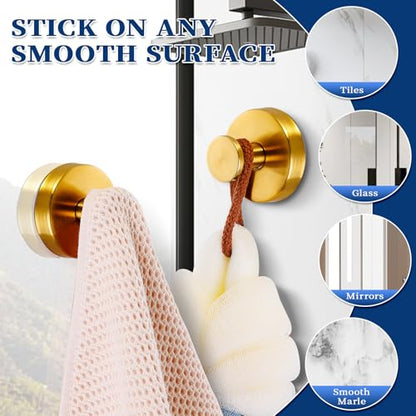 Suction Cup Hooks No Drill Stainless Steel Shower Hooks Towel Hook Heavy Duty on Smooth and Non-Porous Surfaces in Bathrooms Kitchen Bedroom (2, Brushed Gold) - color: Brushed Gold