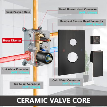 Midanya Shower System with Tub Spout,Bathtub Shower Faucet Set with Square Rainfall Head and Handheld Sprayer Wall Mount Tub Faucet Set with Valve and Trim Kit,10 Inch Oil Rubbed Bronze - color: Oil Rubbed Bronze, size: 10 Inch