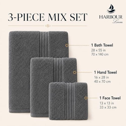 Towel Set for Bathroom, 3 Piece Turkish Cotton Bath Hand and Wash Towels | Mixed size set in Silver Grey, 600 gram weight. Double stitched hems suit family and guest use. - color: Silver Grey