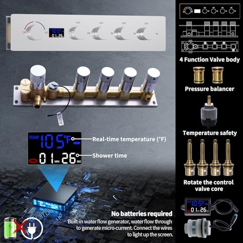 Chrome Ceiling 20x14 inch LED Shower Faucet Set,Temperature Display Thermostatic Shower Valve,Two 8-inch Wall Mounted Shower Heads and Handheld - color: Chrome