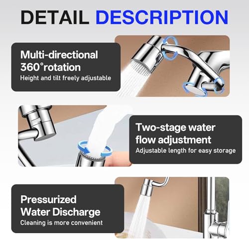 1440° Rotatable Faucet Aerator Extension - 2 Mode (Soft & Power Rinse) Universal Sink Faucet Extender for Splash Reduction, Fits Kitchen & Bathroom Faucets