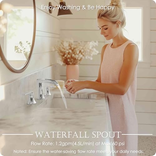 Chrome Modern Bathroom Faucet Waterfall 4-8 Inch 3 Hole Bathroom Sink Faucet Widespread with Pop-up Drain and cUPC Supply Line, 2 Handle for Vanity, Lavatory, Restroom, Apartment, Brass Material - color: Chrome - Fashion