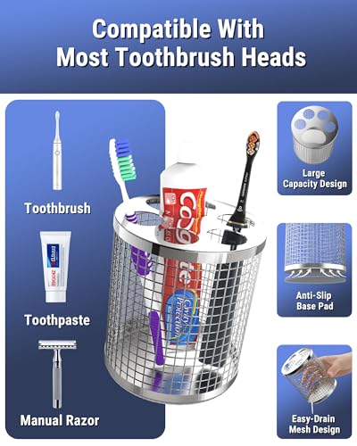 Toothbrush Holder for Bathroom, 304 Stainless Steel Ventilated Countertop Organizer with Slots for Electric & Manual Toothbrushes, Toothpaste, Razor — Paw Print Design, Dishwasher Safe