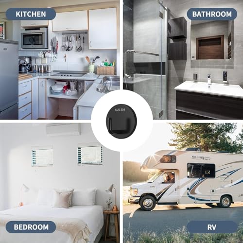 Adhesive Towel Hooks 4 Pack Round Heavy Duty Wall Hangers Waterproof Stick On Towel Holders for Bathroom Kitchen Home Stainless Steel Self Adhesive Hooks for Hanging Black