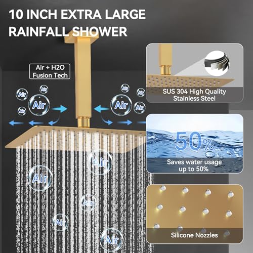 Shower System with Body Jets, Bostingner 4 Way Shower Faucet with 2 in1 Handheld,Ceiling Mount 10 Inch Shower Head and 6 Inch Shower Head,4Pcs Body Jets With Dual Head Shower Set Brushed Gold - color: Gold, size: 6+10 inch