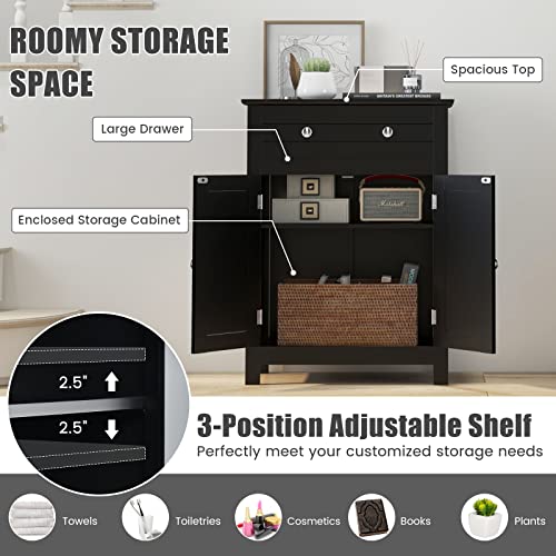 COSTWAY Bathroom Floor Cabinet, Wooden Side Storage Organizer w/Larger Drawer, Adjustable Shelf & 2-Door Cupboard, Freestanding Storage Cabinet for Living Room, Kitchen, Entryway (Black) | Larger Drawer, Adjustable Shelf & 2-Door Cupboard, Freestanding St