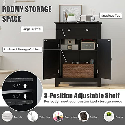 COSTWAY Bathroom Floor Cabinet, Wooden Side Storage Organizer w/Larger Drawer, Adjustable Shelf & 2-Door Cupboard, Freestanding Storage Cabinet for Living Room, Kitchen, Entryway (Black) | Larger Drawer, Adjustable Shelf & 2-Door Cupboard, Freestanding St