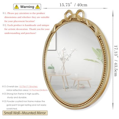 15.75" Small Gold Bow Decorative Round Mirror | Metal Frame, Wall Mounted, For Entryway, Bathroom, Living Room, Mini Size