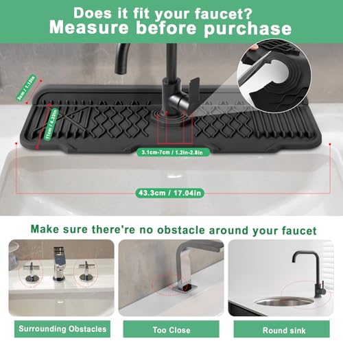 17 Inch Faucet Mat For Kitchen Sink Splash Guard Behind Faucet, ，5°Slope Fast Draining Silicone Mat , Dish Soap Sponge Holder for Bathroom Sink kitchen sink organizer (black, 17" x 6") - color: Black