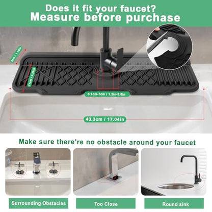 17 Inch Faucet Mat For Kitchen Sink Splash Guard Behind Faucet, ，5°Slope Fast Draining Silicone Mat , Dish Soap Sponge Holder for Bathroom Sink kitchen sink organizer (black, 17" x 6") - color: Black