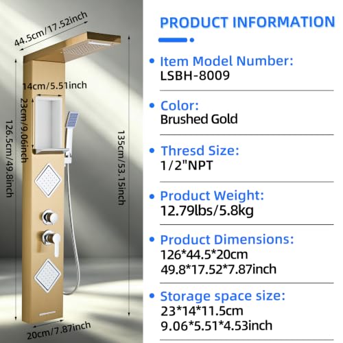 Shower Panel Tower System with Storage- Brushed Gold | 304 Stainless Steel 5-Function Shower Panel Faucet Set with Powerful Body Jets, Rainfall, Waterfall,Handheld and Tub Spout - color: Brushed Gold
