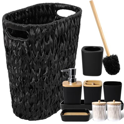XLHOMO Black Bathroom Accessories Set with Wicker Trash Can, Black Bathroom Accessories Set Bathroom Sets Small Waste Basket Bathroom Trash Can for Bedroom Bathroom - size: Wicker Bathroom Set, style: Black