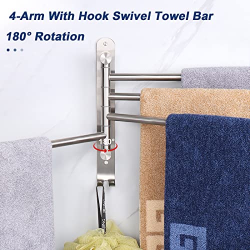 NearMoon Swivel Towel Rack, 13.8" Thicken 304 Stainless Steel 4-Arm Towel Bar, Space Saving Wall Mounted Towel Holder with Hook, Rustproof Swing Out Towel Hanger for Bathroom, Kitchen (Brushed Nickel) - color: Brushed Nickel, size: 13.8 Inch