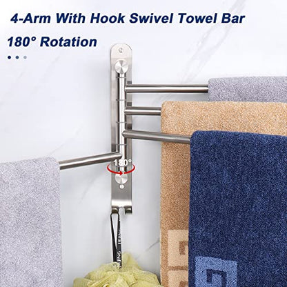 NearMoon Swivel Towel Rack, 13.8" Thicken 304 Stainless Steel 4-Arm Towel Bar, Space Saving Wall Mounted Towel Holder with Hook, Rustproof Swing Out Towel Hanger for Bathroom, Kitchen (Brushed Nickel) - color: Brushed Nickel, size: 13.8 Inch