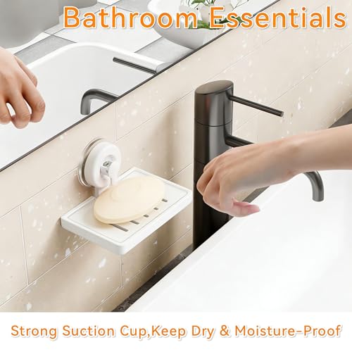 SUOXING 2 Pcs Soap Dish Holder for Shower Suction Cup Wall Mounted Self Draining NO-Drilling Removable Sponge & Bar Soap Holder,Shower Soap Rack & Shelf for Bathroom Bathtub Kitchen Sink,Plastic,White - color: White