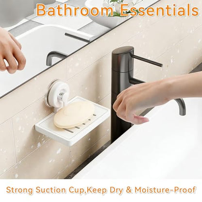 SUOXING 2 Pcs Soap Dish Holder for Shower Suction Cup Wall Mounted Self Draining NO-Drilling Removable Sponge & Bar Soap Holder,Shower Soap Rack & Shelf for Bathroom Bathtub Kitchen Sink,Plastic,White - color: White