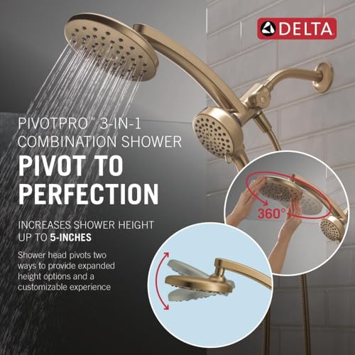 Delta 6-Setting PivotPro 3-in-1 Combination Shower Head with ProClean Spray, Brushed Gold Round Shower Head Rainfall with Handheld Spray, 1.75 GPM, Champagne Bronze 75649CZ - color: Champagne Bronze