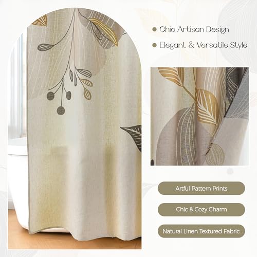 Morandi Branch Linen Boho Floral Shower Curtain Set with Liner | Double Layer Shower Curtain Waterproof Fabric with Zippered Removable PEVA Liner,Boho Shower Curtain for Bathroom,Free Hooks - color: Neutral Leaf