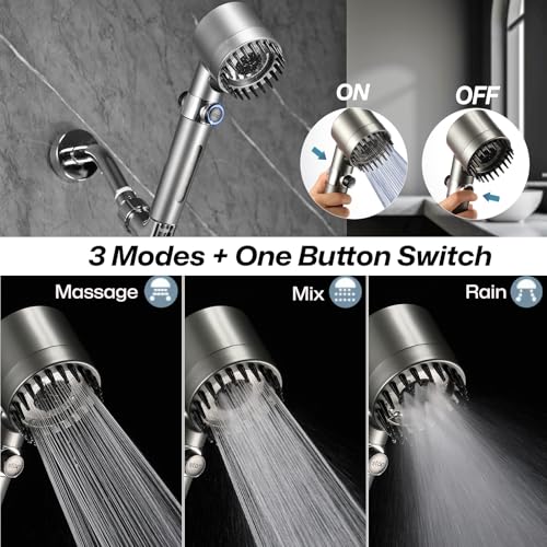 Filtered Handheld Shower Head for Hard Water, High Pressure with On/Off Switch, Detachable Showerhead with Long Hose, 2 Replacement Filters -Gun Grey