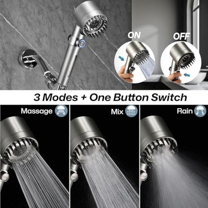 Filtered Handheld Shower Head for Hard Water, High Pressure with On/Off Switch, Detachable Showerhead with Long Hose, 2 Replacement Filters -Gun Grey