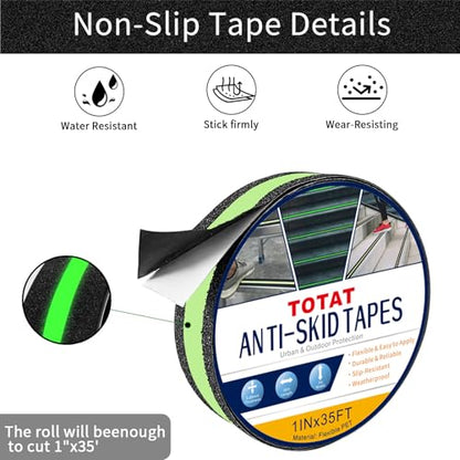 Glow in Dark Anti Slip Tape, 1" x 35FT Heavy Duty Waterproof Safety Grip Tape for Stairs, Pool, Bathroom - Black & Glow Stripe Indoor/Outdoor Multi-Purpose Traction Tape - size: 1IN x 35FT