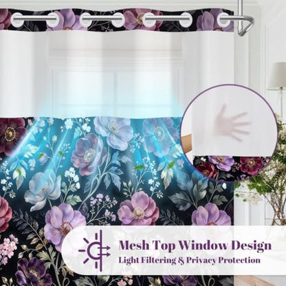 Moody Floral Shower Curtain with Snap in Liner & Tassels, 71Wx77L | No Hook Needed, Double Layer Waterproof Fabric with Mesh Top, Dark Botanical Flower Design for Modern Bohemian Style Bathroom - color: Noble Flowers