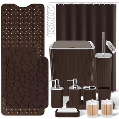 XLHOMO 26PC Bathroom Accessories Set - Gorgeous Brown Bathroom Set, Bathroom Accessory Set, Shower Curtain Set with Bathtub Mats for Shower Tub, Trash Can & Soap Dispenser - size: Bath Set+Bathtub Mat+Shower Curtain&Rugs, style: Brown&Silver
