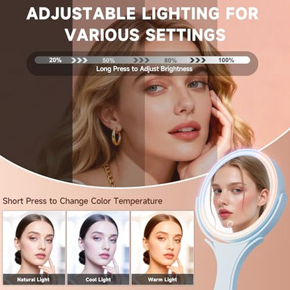 Hasipu Makeup Mirror with Lights 2000mAh Rechargeable Travel Mirror | 1X/10X Magnifying, Phone Stand Design, Rechargeable, 360° Rotatable, 3 Color Dimmable, Tabletop, Handhold, Hanging, Blue - color: Blue