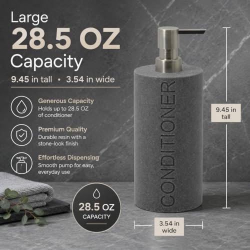 Resin Neutral Gray Sandstone Conditioner Engraved Bottle Refillable Pump Dispenser, Durable Waterproof Resin Construction for Bath, Shower - Gray Sandstone Satin Nickel Pump - color: Gray Sandstone Resin, Nickel Pump - Conditioner