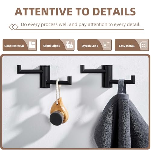 Suyar Double Towel Hook Matte Black, Bathroom Wall Hook, Swivel Robe Holder | SUS304 Stainless Steel Coat Towel Holder with 2 Foldable Arms, Swivel Towel Rack Space Saving Wall Mounted, 2 Pack - color: Matte Black, size: 2 Pack