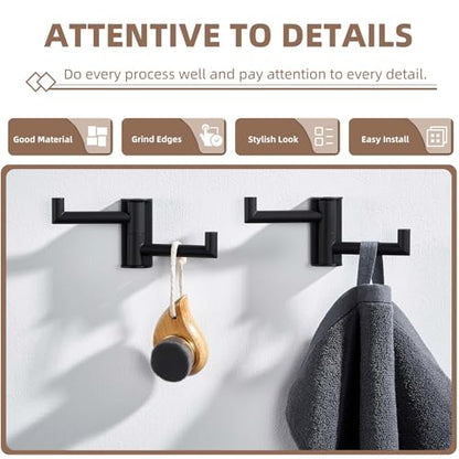 Suyar Double Towel Hook Matte Black, Bathroom Wall Hook, Swivel Robe Holder | SUS304 Stainless Steel Coat Towel Holder with 2 Foldable Arms, Swivel Towel Rack Space Saving Wall Mounted, 2 Pack - color: Matte Black, size: 2 Pack