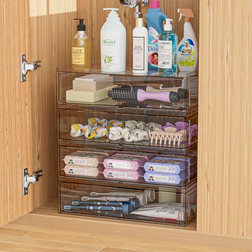 Clear Stackable Makeup Organizer with Drawer, 12''W Acrylic Storage Drawers | Cosmetic Display Case for Vanity Bathroom Countertop Drawers, Beauty Holder for Lipstick Brush Skincare Perfume - size: 3 Pack
