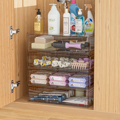Clear Stackable Makeup Organizer with Drawer, 12''W Acrylic Storage Drawers | Cosmetic Display Case for Vanity Bathroom Countertop Drawers, Beauty Holder for Lipstick Brush Skincare Perfume - size: 4 Pack