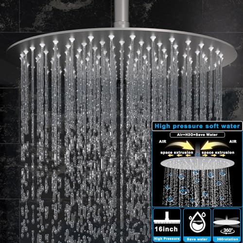 HOMEDEC 16inch Round Ceiling Mounted Full Body Shower System, 3 Way Diverter Valve with 2-Function Handheld Shower and Massage Jets, Brushed Nickel - color: Brushed Nickel, style: 3-Way
